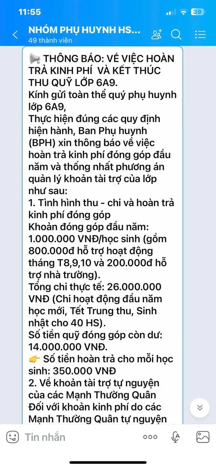 Phụ huynh bức xúc vì thu quỹ 40 triệu đồng, chi 26 triệu trong 2 tháng