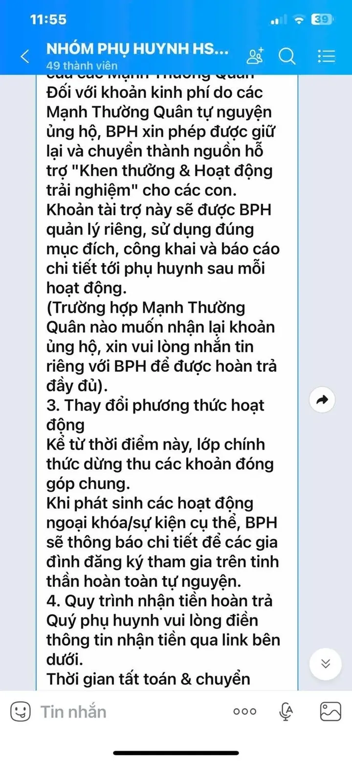 Phụ huynh bức xúc vì thu quỹ 40 triệu đồng, chi 26 triệu trong 2 tháng