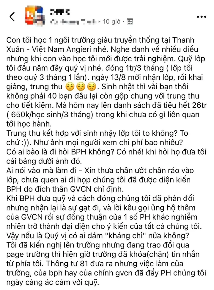 Phụ huynh bức xúc vì thu quỹ 40 triệu đồng, chi 26 triệu trong 2 tháng